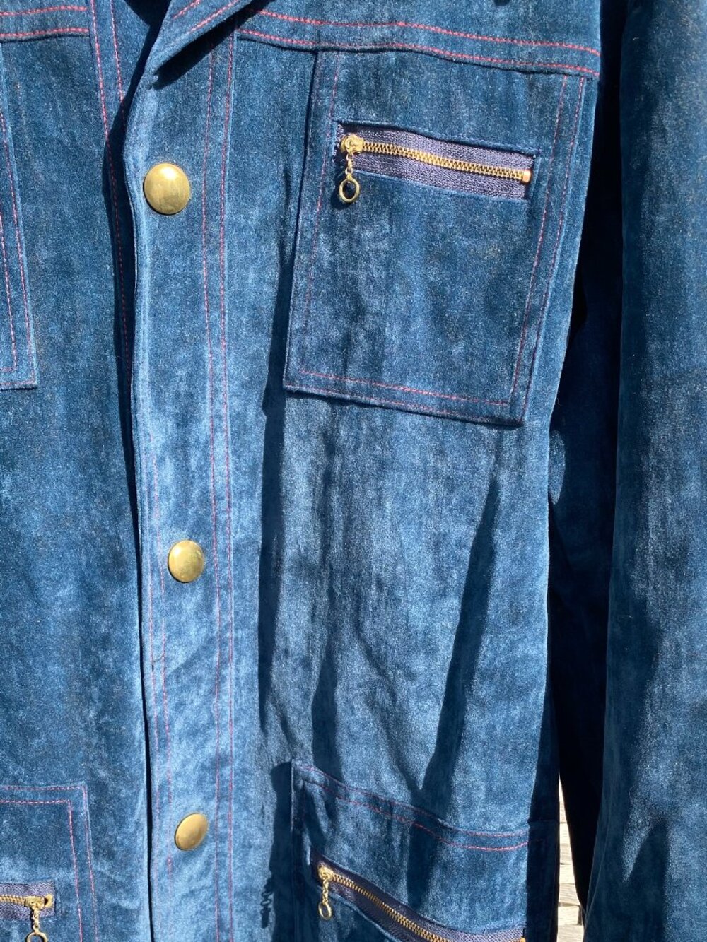 1970s Sears The Men's Store Sportswear Blue Suede Velour Safari Chore Jacket 46 - Picture 6 of 13
